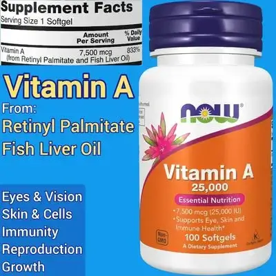 NOW Foods, Vitamin A, 25000 IU (7500mcg), Retinyl Palmitate & Fish Liver Oil, eye health, Immunity, skin, cells, reproduction, 100 Softgels vitamin A
