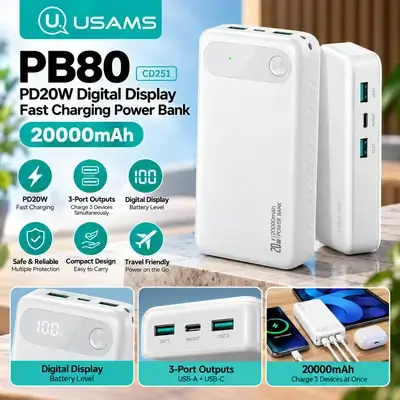 USAMS PB80 PDW Digital Display Fast Charging Power Bank 20,000mAh