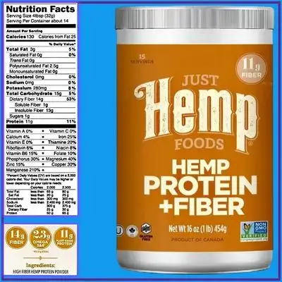 Hemp Protein Powder Plus Fiber and 2300mg Omega 3 & 6, Non-GMO Verified with 11g of Protein & 14g of Fiber per Serving, protein, fiber, omega 3, omega 6, 454g protein