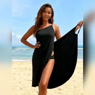 Women's Summer Beach Dress - Black Casual Sleeveless Dress With Adjustable Straps