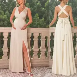 Joyfunear Maternity Solid Color V-Neck Wrap Front Slit Sleeveless Dress - Small 