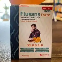 FLUSANS FORTE SUGER FREE FOR COLD & FLU BODY ACHES , SORE THROAT , RUNNY NOSE & SNEEZING , HEADACHE & FEVER 10 SACHETS