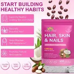 Hair Skin Nails, 22-in-1 beauty support formula, Hair Growth, Less Hair loss & thinning, less fine lines and Wrinkles, Stronger Nails, Biotin, Zinc Picolinate, Niacinamide, Selenium, Collagen, B12, D3, C, E, A, 400 Softgels