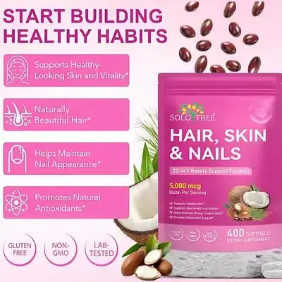 Hair Skin Nails, 22-in-1 beauty support formula, Hair Growth, Less Hair loss & thinning, less fine lines and Wrinkles, Stronger Nails, Biotin, Zinc Picolinate, Niacinamide, Selenium, Collagen, B12, D3, C, E, A, 400 Softgels