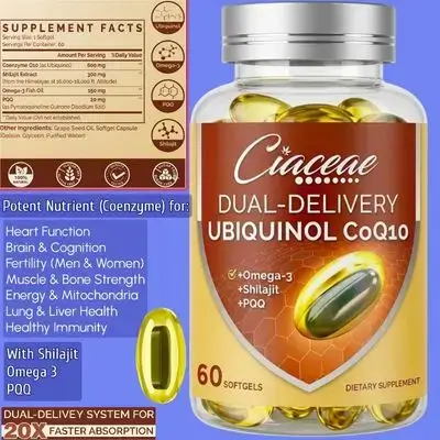 Ubiquinol CoQ10, 600 MG, with Omega-3 & Shilajit & PQQ, Advanced Dual-Delivery, Coenzyme Q10, Active CoQ10, Ubiquinol, Q10, for Fertility, Antioxidant, Heart, Brain & Energy, Muscles, Anti-aging, 60 Softgels CoQ10