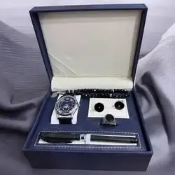 This is an elegant men's accessory gift set featuring a dark blue presentation box complete with a matching quartz watch, pen, cufflinks, ring, and beaded bracelet.