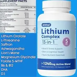 Lithium Orotate, 5mg, 13-in-1, Magnesium Glycinate, L Theanine, DHA, Ashwagandha, Saffron, Methyl Folate, Daily Balance, Focus & Clarity, Sleep, Stress, 120 Capsules Lithium Orotate