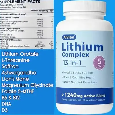 Lithium Orotate, 5mg, 13-in-1, Magnesium Glycinate, L Theanine, DHA, Ashwagandha, Saffron, Methyl Folate, Daily Balance, Focus & Clarity, Sleep, Stress, 120 Capsules Lithium Orotate
