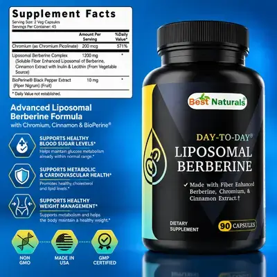 Best Naturals, Liposomal Berberine, 1200 mg, Bioperine, Fiber, Chromium, Cinnamon Extract for Metabolic & Digestive Support, Berberine, 90 Capsules berberine 