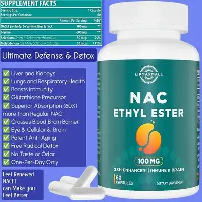 NACET, NAC, N-Acetyl Cysteine Ethyl Ester, Superior Absorption Than 1000mg NAC, with Glycine & Selenium, Glutathione Precursor, Enhances Immunity, Protects lungs & respiratory, kidney & Brain & Eyes, Potent Antioxidant, Anti aging, 60 Caps nac