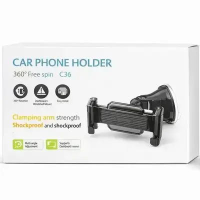 Model: C36 * Mount Type: Suction cup base (Dashboard / Windshield) * Rotation: 360° Free spin * Adjustment: Multi‑angle telescopic arm * Mechanism: Easy One‑Touch lock/release system * Clamping Arm: Strong grip, shockproof & anti‑shake * Compatibility: Universal size support (fits most smartphones)
