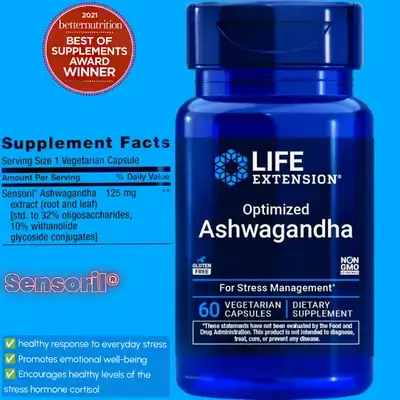 Optimized Ashwagandha (Sensoril®) Healthy Stress Response, Focus, Memory, Cognition, Cortisol, Energy, Cortisol optimization, STD to 32% Oligosacchraides & 10% Withanolide, 60 caps Ashwagandha