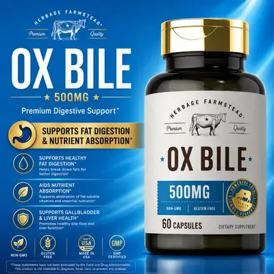 Ox Bile, 500 mg per Capsule, Premium Digestive Support, bile support, Gall Bladder, Liver Health, Supports fat digestion, Nutrient absorption, 60 Caps ox bile 