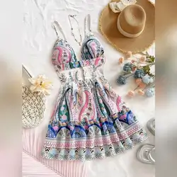 Soleia White And Blue Floral Summer Boho Dress - Medium