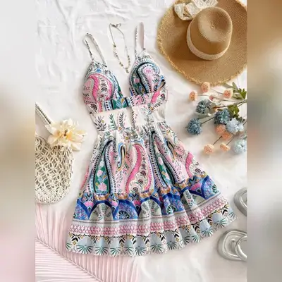 Soleia White And Blue Floral Summer Boho Dress - Medium