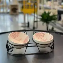 Double Ceramic Cat Bowls For Food & Water With Metal Stand