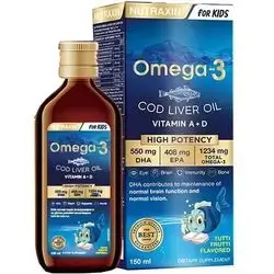 omega3 cod liver oil vitamin a + d hight potency 550mg dha , 408 mg epa , 1234mg total omega 3 150ml