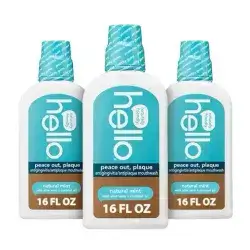 Hello Peace Out Plaque, Antigingivitis Alcohol Free Mouthwash, Natural Mint with Aloe Vera and Coconut Oil, Fluoride Free, Vegan, SLS Free and Gluten Free, 16 Ounce (Pack of 3)