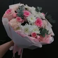 Pink Roses & White Flowers Bouquet