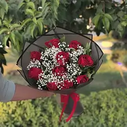 Bouquet of 10 Red Roses with Gypsophila