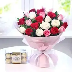 Bunch Of 25 Mix Roses With Box Of Ferrero Rocher Chocolate