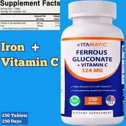 Iron, Vitamin C, Ferrous Gluconate 324 mg + Vitamin C 100 mg, No Artificial Color or Additives, Gentle on Stomach, Made in USA, 250 Tablets iron
