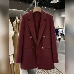 Elegant Double-Breasted Burgundy Blended Fabric Women's Blazer - XL