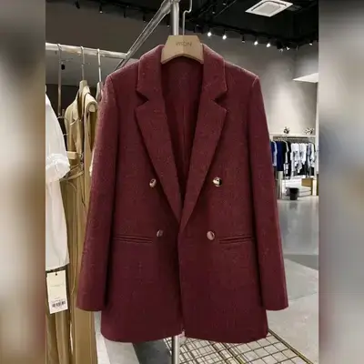 Elegant Double-Breasted Burgundy Blended Fabric Women's Blazer - XL