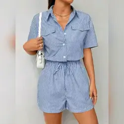 SHEIN Unity Blue Striped Cinched Waist Jumpsuit - Medium