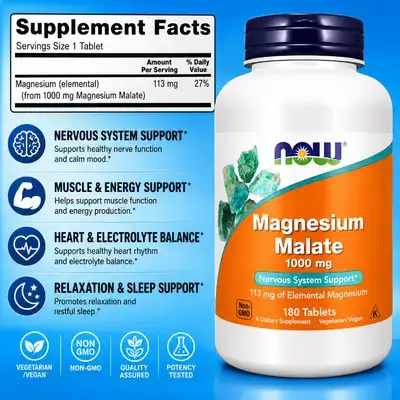 NOW Supplements, Magnesium Malate, 1000 mg, Energy Production, Nervous System, muscles, Heart, electrolyte balance, sleep, stress, tension, 180 Tablets magnesium malate 