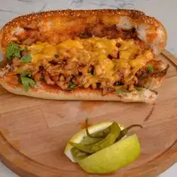 Chicken Tantuni Sandwich in a Bun with Cheddar Cheese