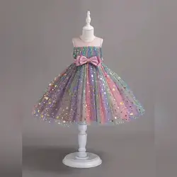 SHEIN Glamorique Kids Girl's Rainbow Star Print Tulle Princess Dress - 4 Years