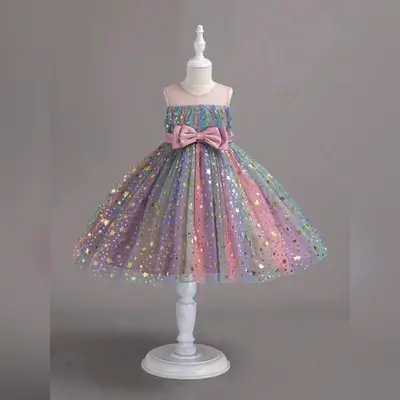 SHEIN Glamorique Kids Girl's Rainbow Star Print Tulle Princess Dress - 4 Years