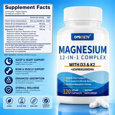 Magnesium Complex, 12 in 1, 700mg, Magnesium Glycinate, Vitamin D3 K2, Ashwagandha, Magnesium Citrate, Magnesium Malate, Oxide, Taurate, Aspartate, Orotate, for Relaxation, Heart, Energy, Muscle, One-Per-Day, 120 Caps magnesium Complex 