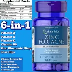 Zinc, Zinc for Acne, Skin Formula with Vitamins C, B-6, A, and E, for Men&Women, for Clear Healthy Skin, Immune System, Cell Division and Growth Support, 100 Tablets zinc 