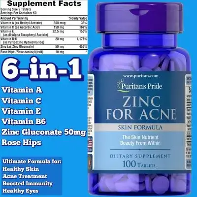 Zinc, Zinc for Acne, Skin Formula with Vitamins C, B-6, A, and E, for Men&Women, for Clear Healthy Skin, Immune System, Cell Division and Growth Support, 100 Tablets zinc