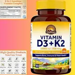 Vitalitown, Vitamin D3 K2 Supplement, Vitamin D3 10000 IU & Vitamin K2 (MK7) 200 mcg, No Gluten & Soy, for Bone, Teeth, Immune & Heart Health, 90 Softgels D3 k2