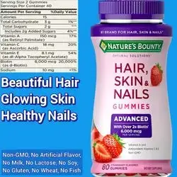 Nature's Bounty Optimal Solutions, Advanced Hair, Skin, Nails, 2X Biotin, Vitamin A, Vitamin C, Vitamin E, 80 Strawberry Gummies, hair skin nails