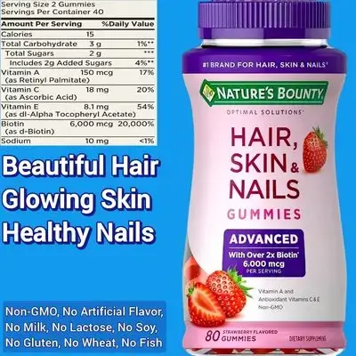 Nature's Bounty Optimal Solutions, Advanced Hair, Skin, Nails, 2X Biotin, Vitamin A, Vitamin C, Vitamin E, 80 Strawberry Gummies, hair skin nails 
