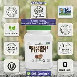 100% Pure Monk Fruit extract sweetener, No Erythritol, Monkfruit Extract Powder, NON-GMO Project Verified, Keto Certified, OU kosher, No Fillers Zero Calories | Over 908 Servings | 284 grams monk fruit