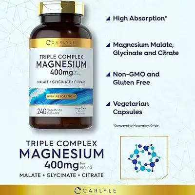 Carlyle Triple Magnesium Complex, 400 mg, Magnesium Malate, magnesium Glycinate, magnesium Citrate, 3 forms of magnesium in 1, magnesium glycinate , magnesium malate , magnesium citrate , 240 Caps Magnesium