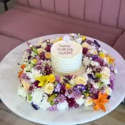 Flowers And Cake For 5 People Chocolate Cake Flavor