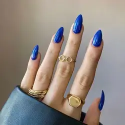 24pcs Short Almond Blue Solid Color Glossy Surface Plain Fake Nail
