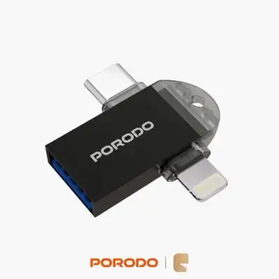 Porodo 3-in-1 OTG Data Adapter USB 3.0 / Type-C / Lightning Multi-Interface - Black