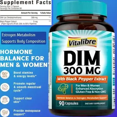 DIM for Women & Men, Estrogen Metabolism, Hormone Balance & Menopause Support, DIM 300 mg with Black Pepper Extract, High Absorption, PED Support, Body Composition, lean mass, 90 Capsules dim
