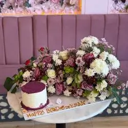 Flowers And Cake For 5 People Purple Velvet Cake Flavor