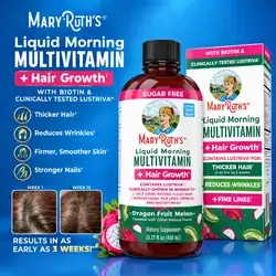 MARYRUTH'S Liquid Multivitamin + Hair Growth, Biotin 10000mcg, Lustriva, Hair Growth, Clinically Tested in Women for Thicker Hair & Facial Wrinkle, Skin Care, Dragon Fruit Melon, 450ML MaryRuth