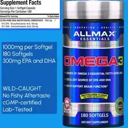 ALLMAX Omega 3, Cold-Water Fish Oil Concentrate, Omega-3 Fish Oil, Wild-Caught, No Fishy Aftertaste, omega3 concentrate, 180 Softgels omega 3 