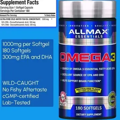 ALLMAX Omega 3, Cold-Water Fish Oil Concentrate, Omega-3 Fish Oil, Wild-Caught, No Fishy Aftertaste, omega3 concentrate, 180 Softgels omega 3
