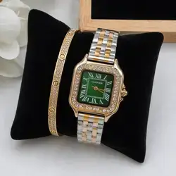 Cartier-Inspired Emerald Rose Gold Set (Watch + Zircon Bracelet)